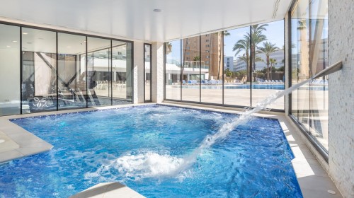 Piscina interior con ventanales grandes y cascada de agua, vista exterior de palmeras.