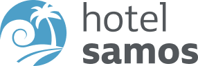 Logotipo de "Hotel Samos" con una palmera y una ola en un c&iacute;rculo azul.